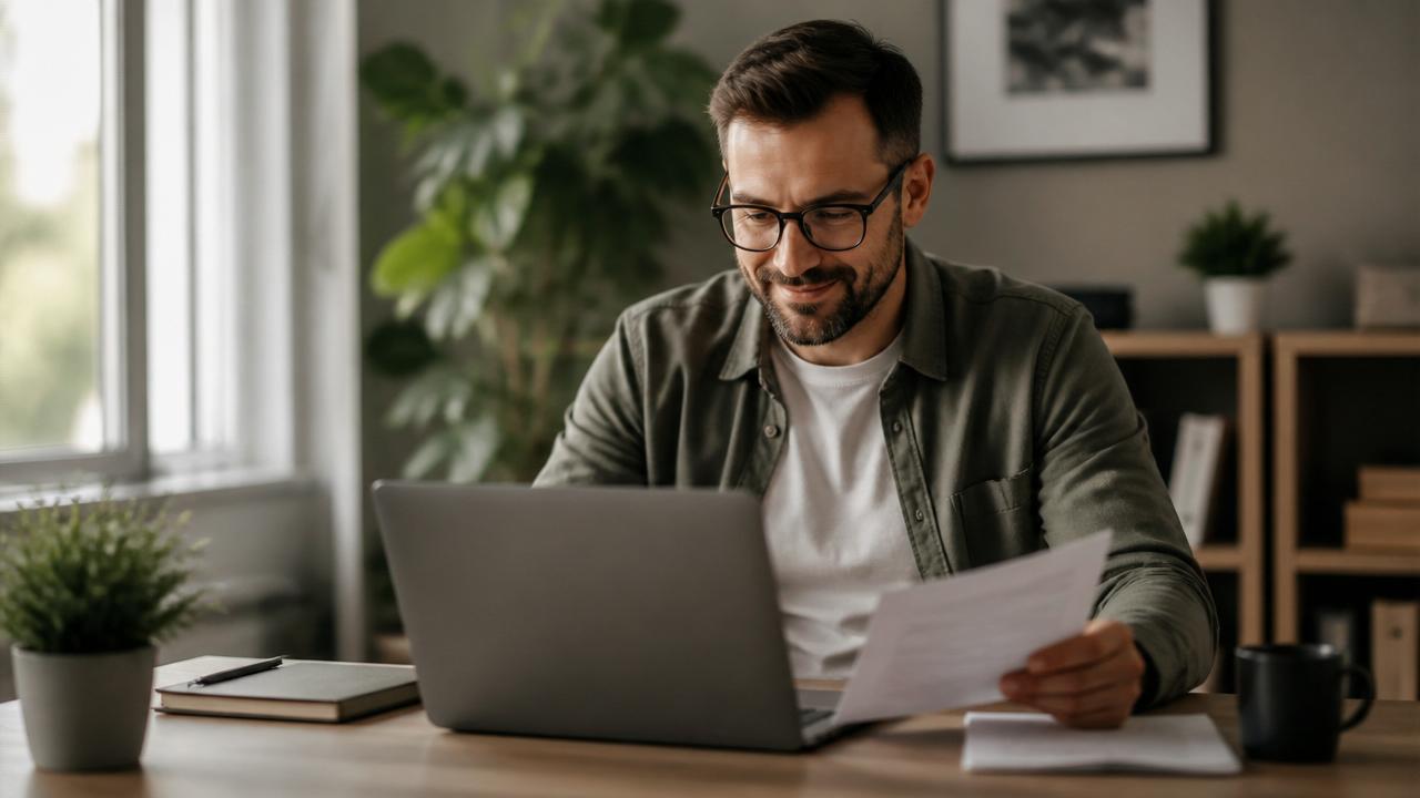 Father reviewing documents in a secure client portal